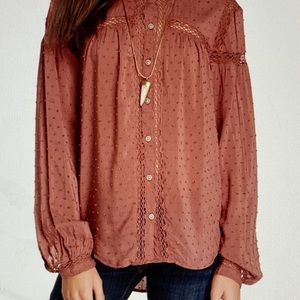 Free People Top Everyday Girl Swiss Dot Button Down Blouse L